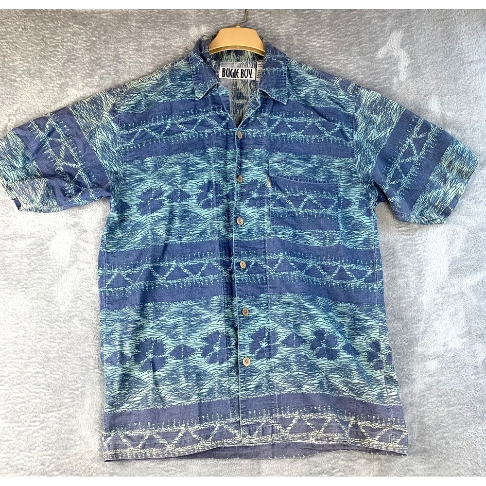 Men's Vintage Bugle Boy Blue Short Sleeve Aztec Button Down‎ Shirt - Mens Large